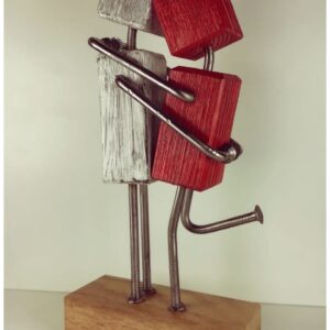 Romantic couple hugging sculpture made of wood and metal – handmade love showpiece