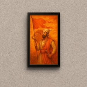 chhatrapati shivaji maharaj wall art – saffron glory with lion background (framed poster)