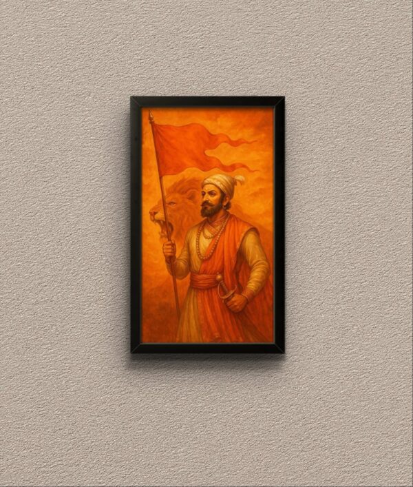 chhatrapati shivaji maharaj wall art – saffron glory with lion background (framed poster)